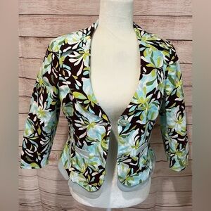 Phoebe cotton blend blue and green floral two button jacket - size 8.